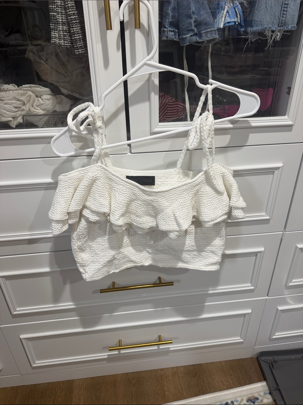 Zara White Ruffle Crop Top with Tie Straps